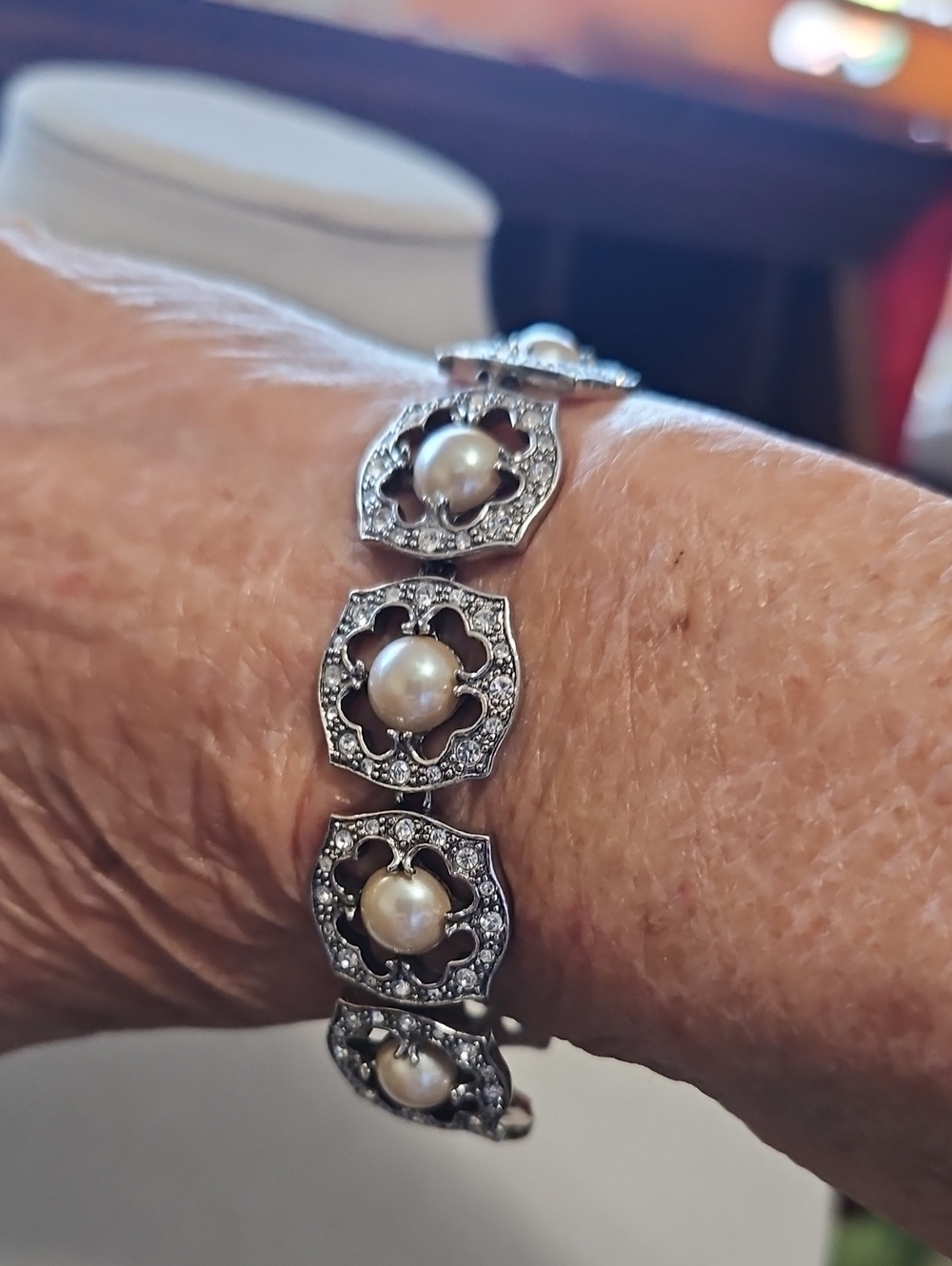 Vintage Monet Silver-Tone Bracelet with Ivory Pearls and Crystal Accents